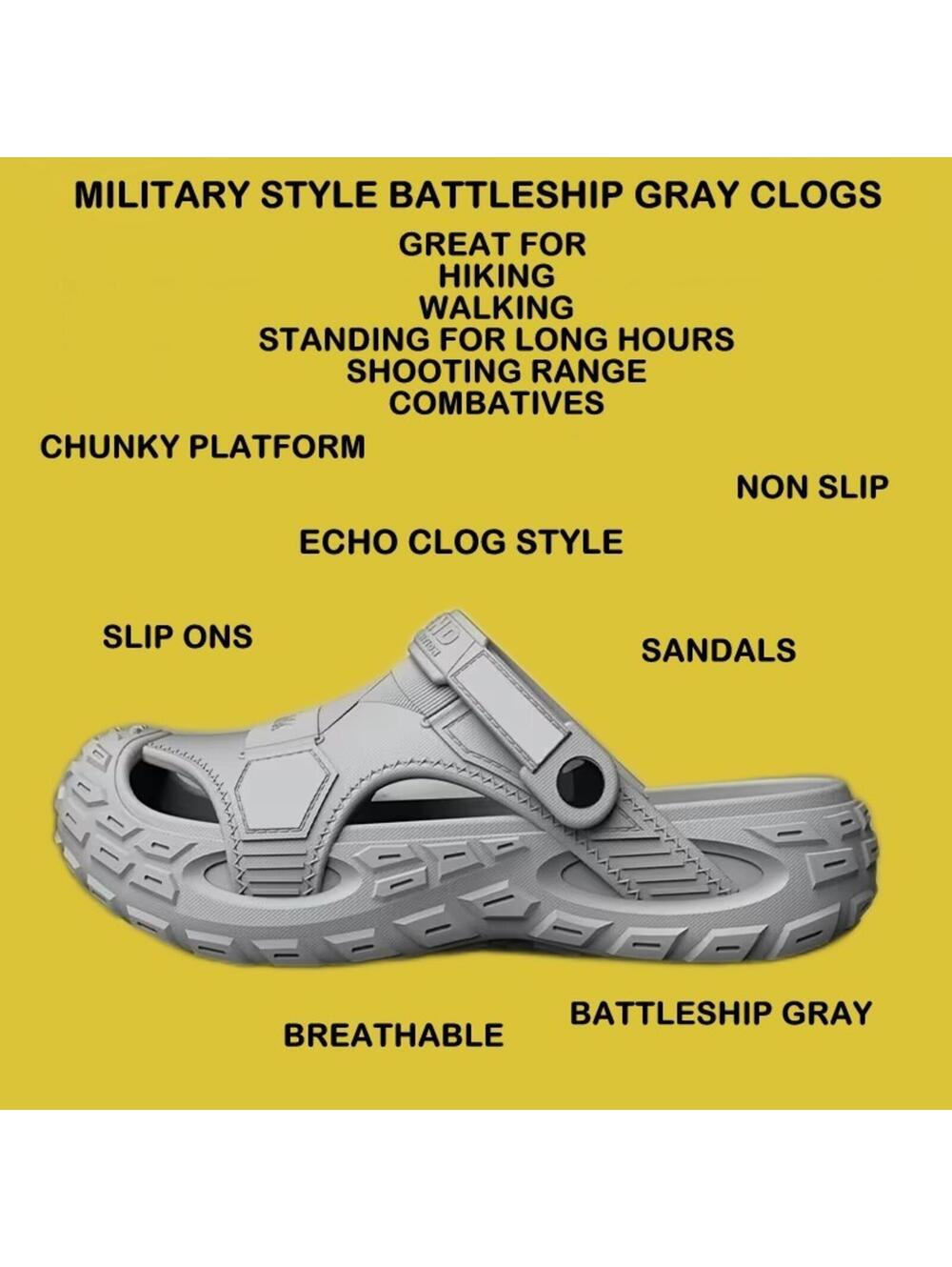 NEW BATTLESHIP GRAY  MILITARY STYLE CLOGS SANDALS SLIP ONS ECHO STYLE 8 - 9